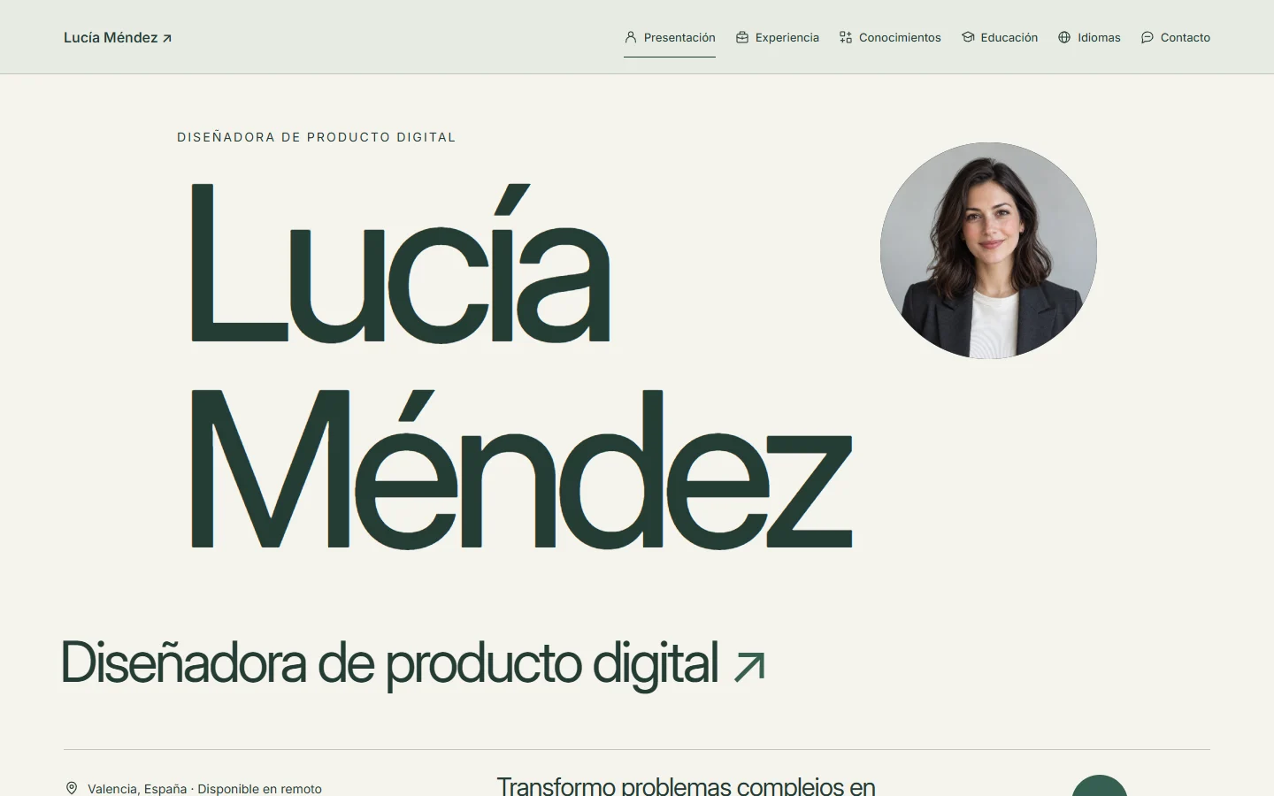 Presentación del perfil ficticio de Lucía Méndez.